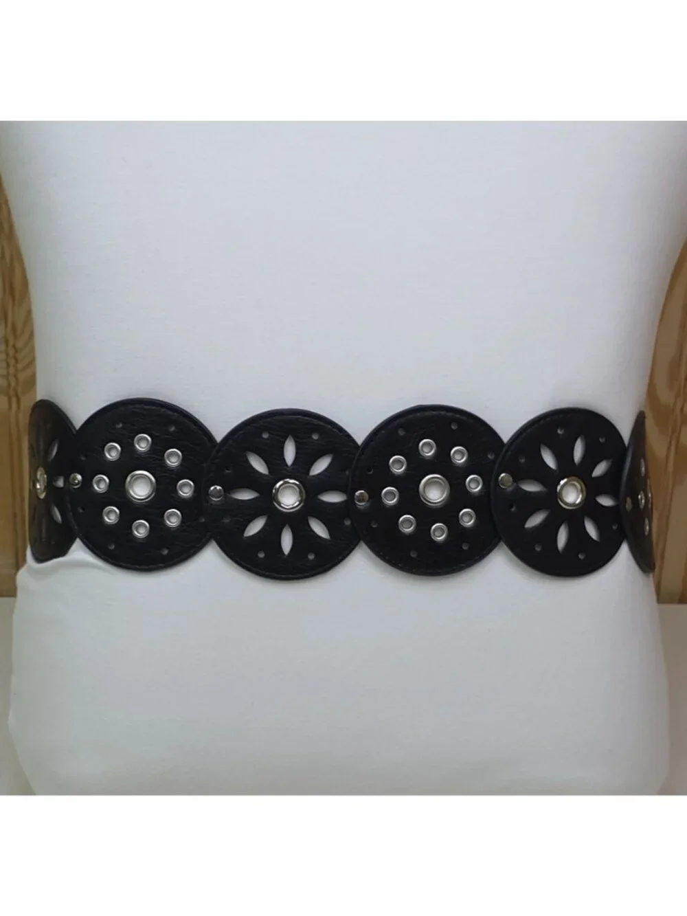 Haute Hippie Black Faux Leather Disc Belt With Silver & Turquoise Buckle Accent